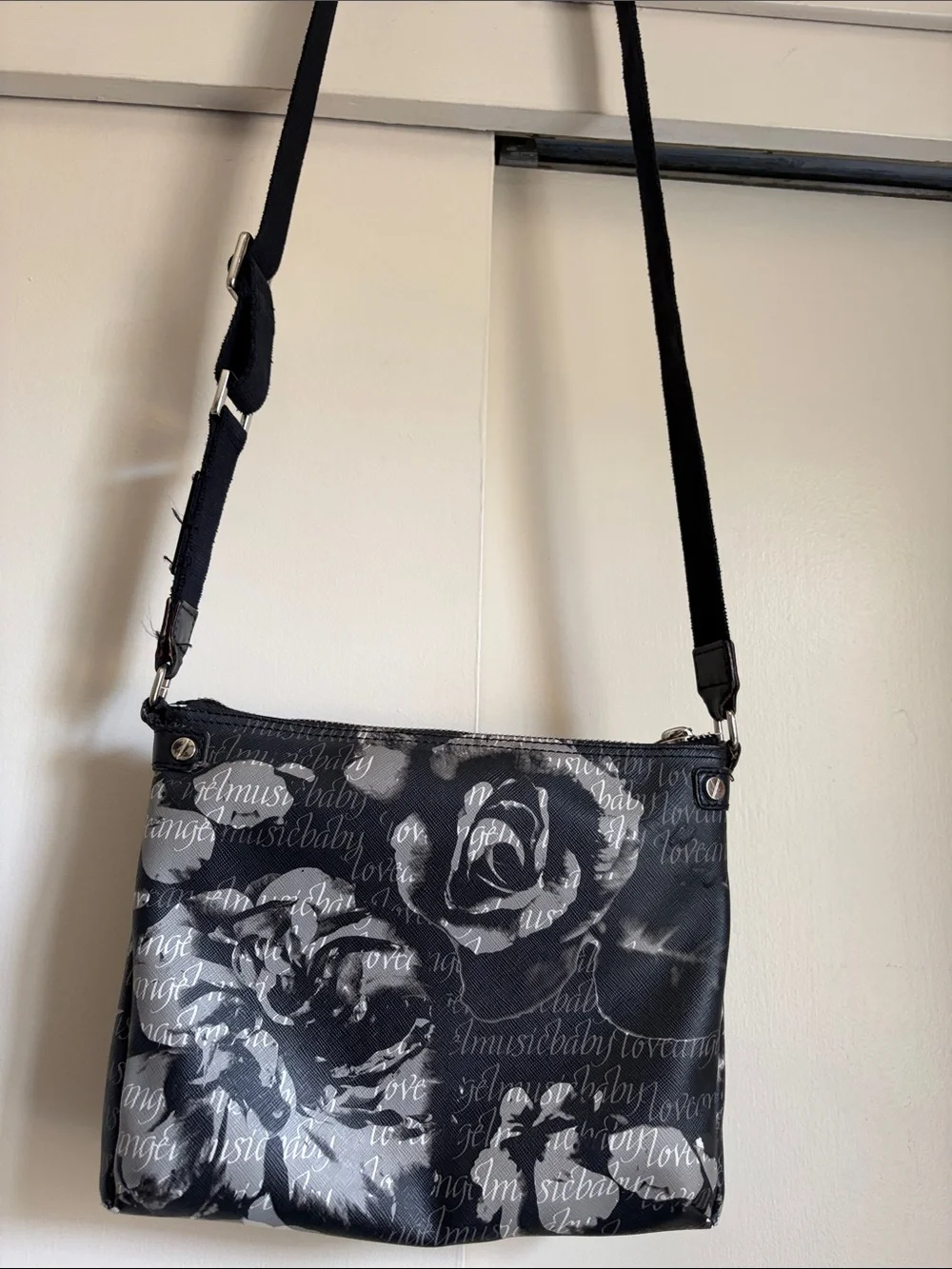 LAMB Gwen Stefani Black Rose Print Crossbody Bag - adjustable strap